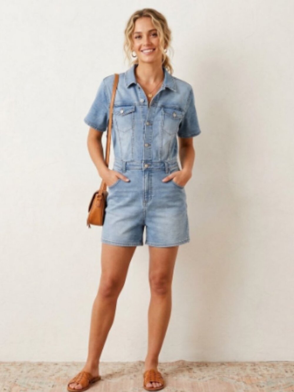 Altar'd State Skylar Short Sleeve Denim Romper Light Wash Large